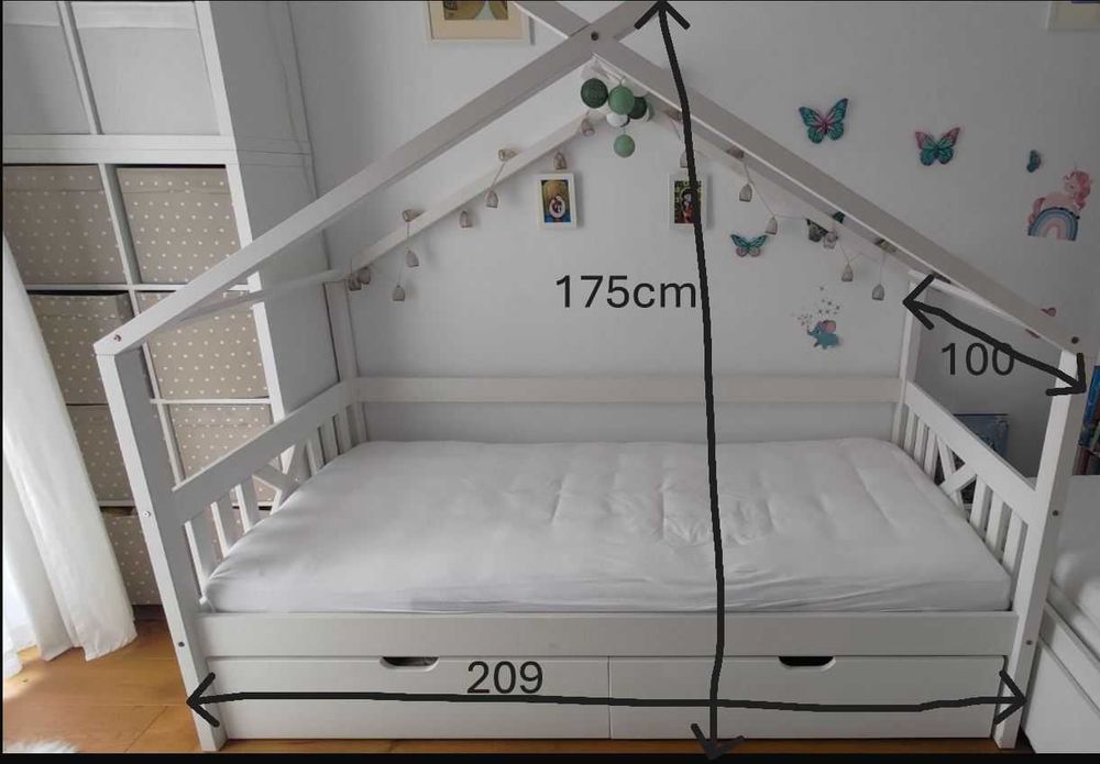 Pat copii tip casuta din lemn 90x200 + 2 sertare + saltea de calitate