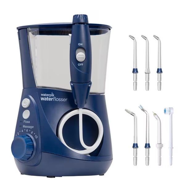 Зъбен душ Waterpik Professional Aquarius 663, 7 почистващи глави, 10 нива на налягане, резервоар 650 мл, син