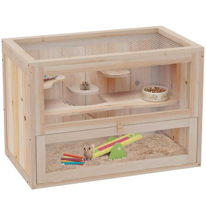Дървена клетка за хамстери PawHut, 2 нива, 60 x 35 x 42 см, клетка за гризачи