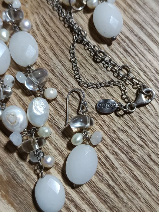 Set elegant din Argint 925, Perle Naturale și Pietre Albe (Colier + Cercei) - POM