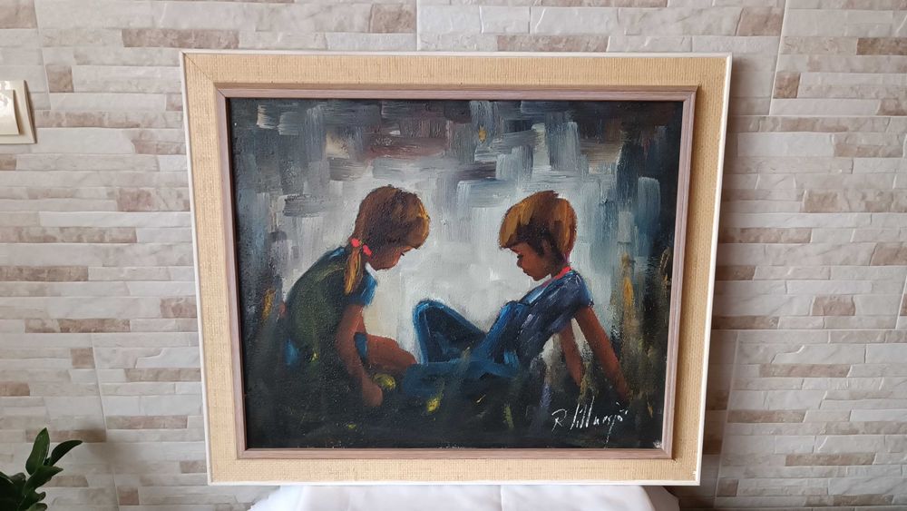 Стара картина "Деца" - маслени бои на платно - 73/63см