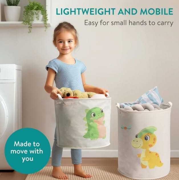 Кош за съхранение на играчки Navaris Green Dinosaur, комплект от 2 броя сгъваеми кошници за играчки и дрехи