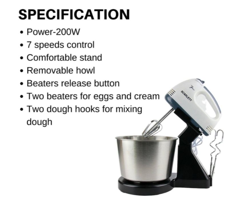 Mixer profesional multifunctional cu bol inox Scarlett 200W 7 trepte v