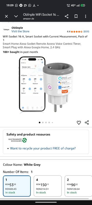 Priză Inteligentă Smart WiFi 16A Oblinple (Măsurare Consum) - Nouă