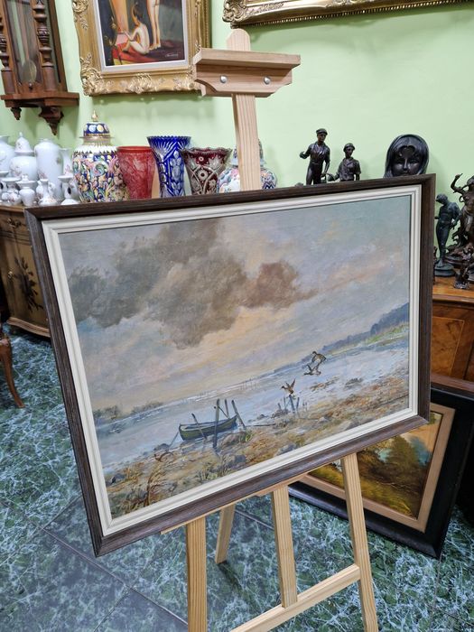 Страхотна антикварна белгийска картина масло върху платно