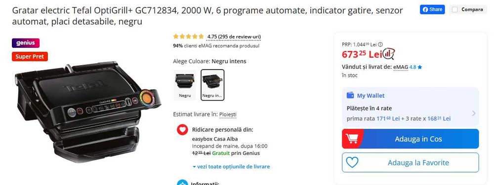 Gratar electric Tefal OptiGrill+ GC712834, 2000 W, 6 programe automate