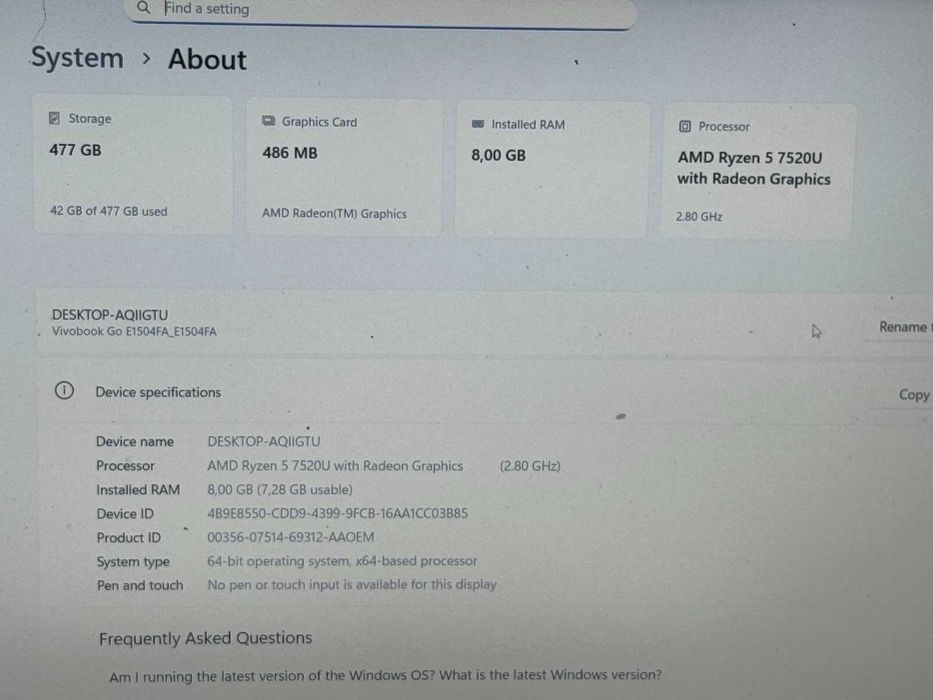 ASUS Vivobook Go 15 Ryzen 5-7520U/8RAM/512GB SSD/Radeon Graphics