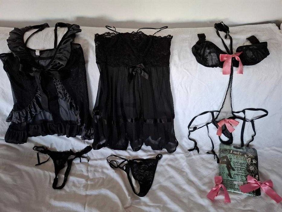 Lenjerii fantesy, stocking negru pe banda adeziva, babydolls