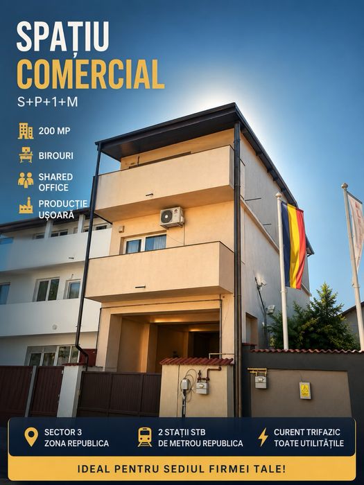Metrou Republica - spaţiu comercial/ birouri / shared office/productie usoara 200 mp: 5 camere + subsol, sector 3, str Grindeiului