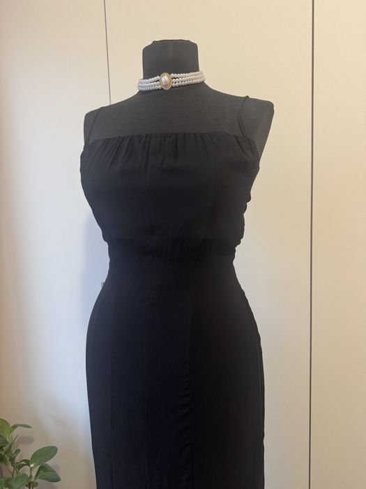 Rochie de gală lungă neagră din voal șliț în față Massimo Dutti Studio
