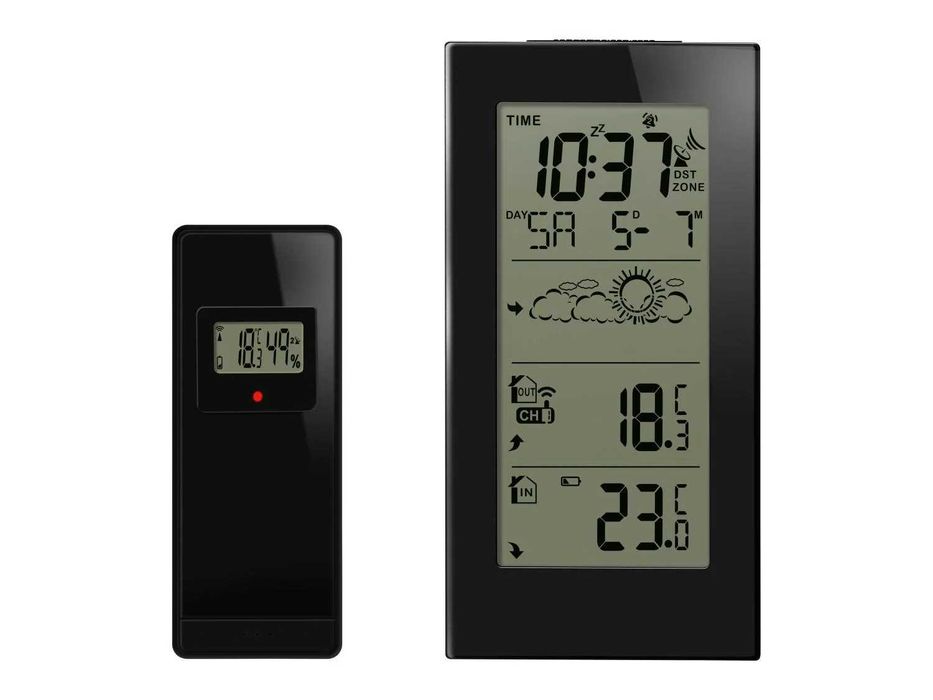 Termometru interior exterior, stație meteo wireless, ceas radiocomandat, culoare neagra; nou, sigilat, realizat Germania; performant calitate premium
