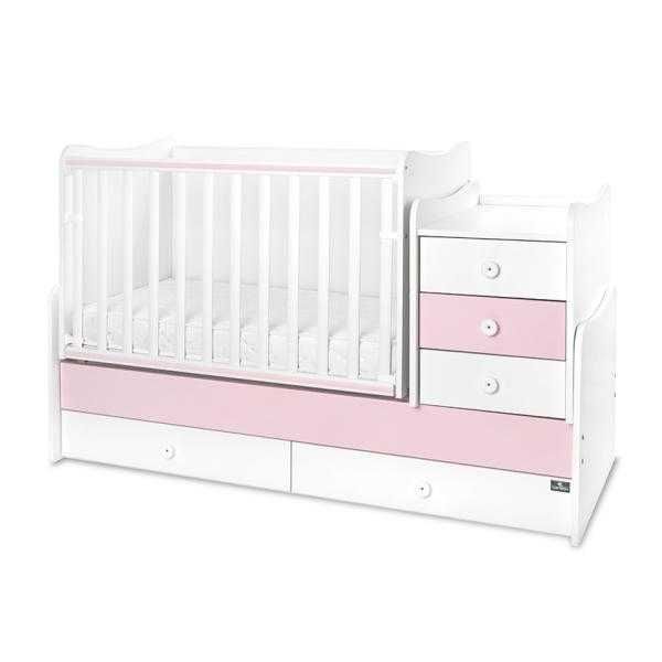 Patut transformabil alb/roz 110x70cm/160x70cm, cu sistem de leganare