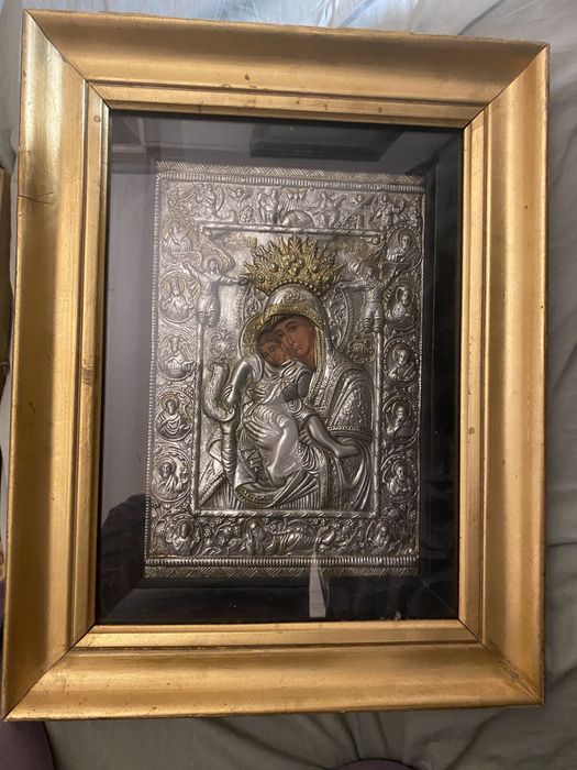 Icoana mare veche ortodoxa greceasca metal Sf. Fecioara Maria