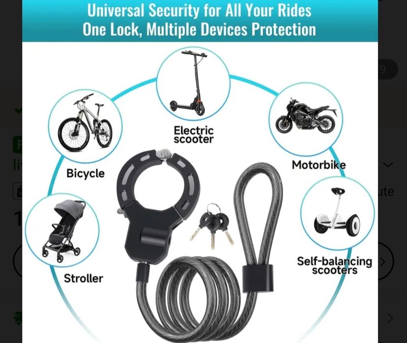 Cablu antifurt pentru trotinetă/bicicletă/Moto - 120 cm, 13 mm, cu cheie