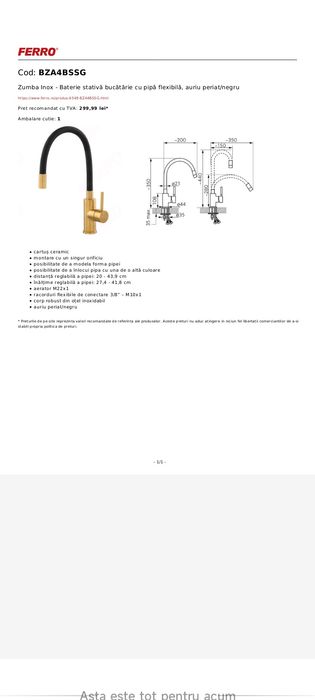 Baterie Bucătărie Ferro Grohe Zumba Auriu Negru Mat Premium Kludi Inox