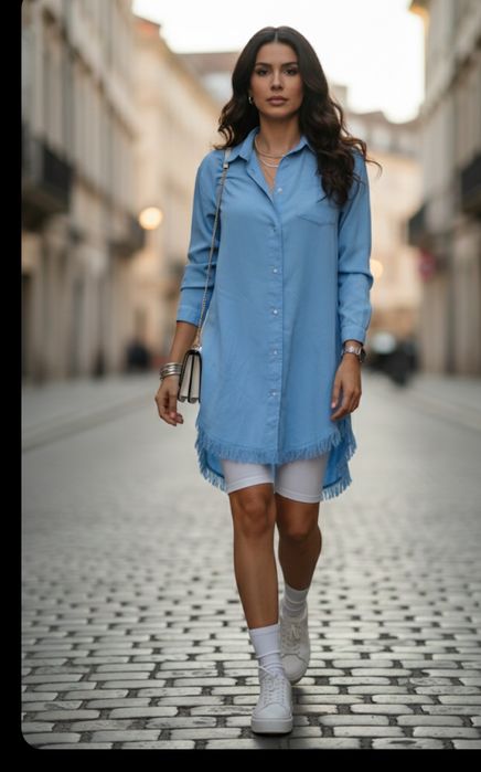 Cămașă lungă damă cu franjuri - stil Boho - Albastru/Gri