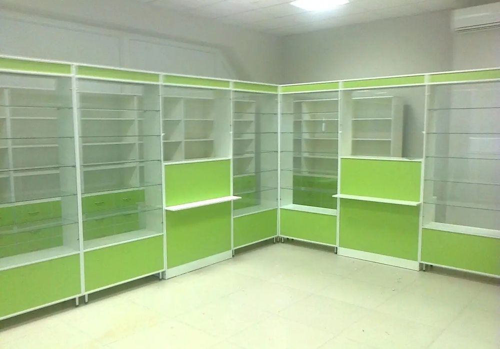 Apteka mebel buyurtma zakaz asosida dorixona uchun polka vitrina gpp
