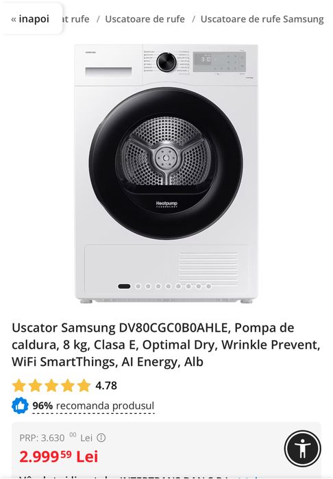 Uscator Samsung DV80CGC0B0AHLE, Pompa de caldura, 8 kg, Clasa E, Optimal Dry, Wrinkle Prevent WiFi SmartThings AI Energy Alb