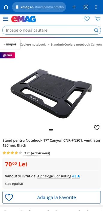 Stand pentru Notebook 17" Canyon CNR-FNS01, ventilator 120mm, Black