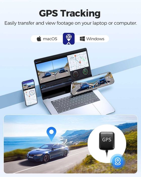 4K Видеорегистратор-Огледало AZDOME PG17 (12" Екран) GPS & 64GB Карта