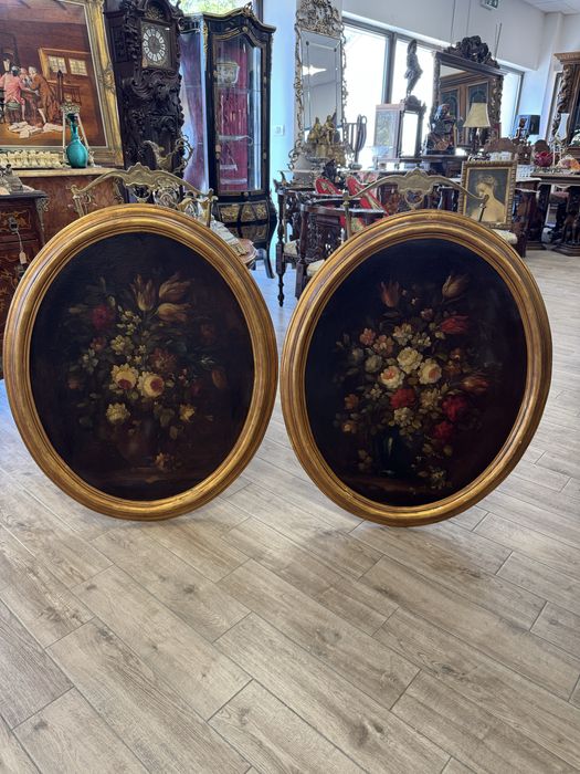 Pereche tablouri ovale - pictura in ulei pe lemn