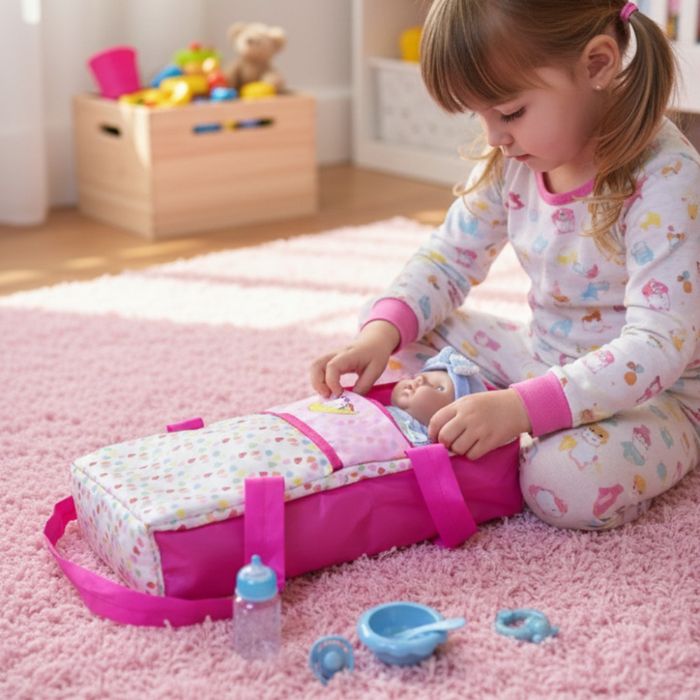 Кукла бебе с пълен комплект – Шише, пижама, легълце и аксесоари - 42см