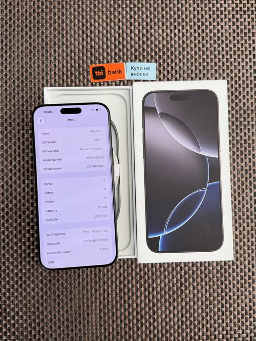 КАТО НОВ! iPhone 16 Pro MAX Лизинг от 30Е/мес MAX Black Titanium 256GB