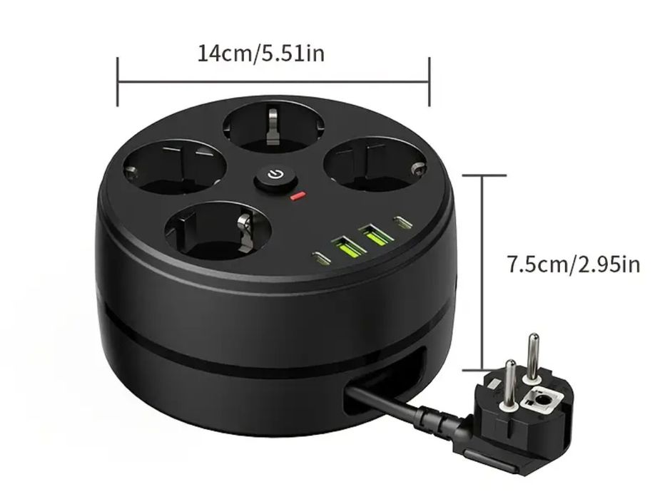 Кръгъл разклонител,с прибиращ се кабел 1,8м.