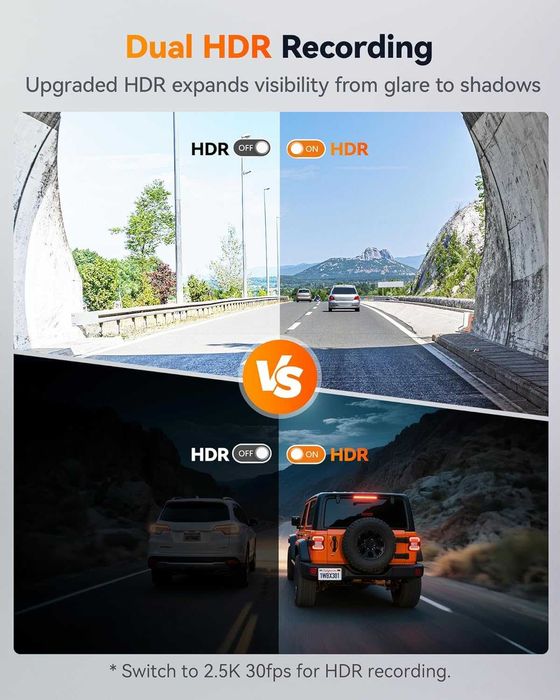WOLFBOX 60FPS Видеорегистратор, 2.5K+1080P предна и задна камера