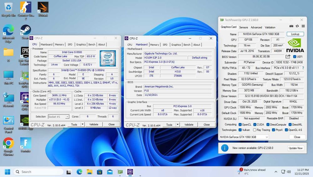 Intel i5-8500, Gigabyte H310M, GTX1060, 16GB DDR4, SSD480GB, HDD 1TB