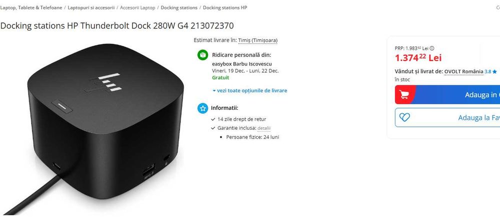 Docking Station HP Thunderbolt Dock G4 with Combo Cable, Black