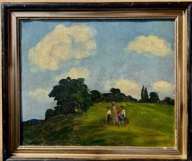 ”Țărani pe deal” Tablou AUTENTIC VECHI sem în pastă, ulei/cart 60x50+R