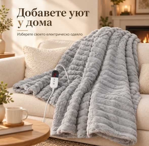Луксозно сиво електрическо одеяло 160х180 см с релефна текстура и дисплей