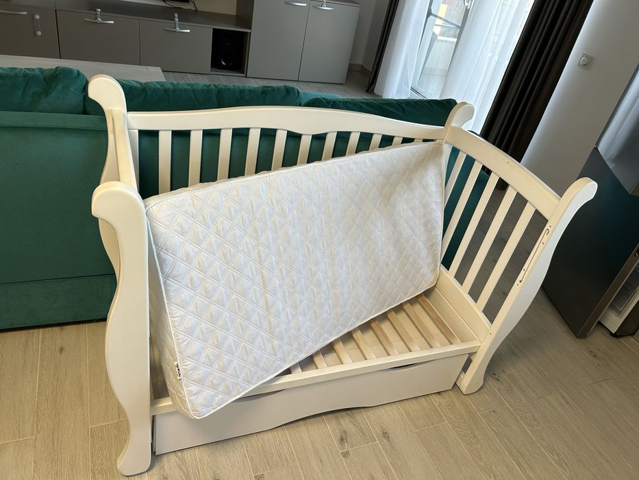 Patut copii - lemn masiv / saltea cocos / sertar / laterala