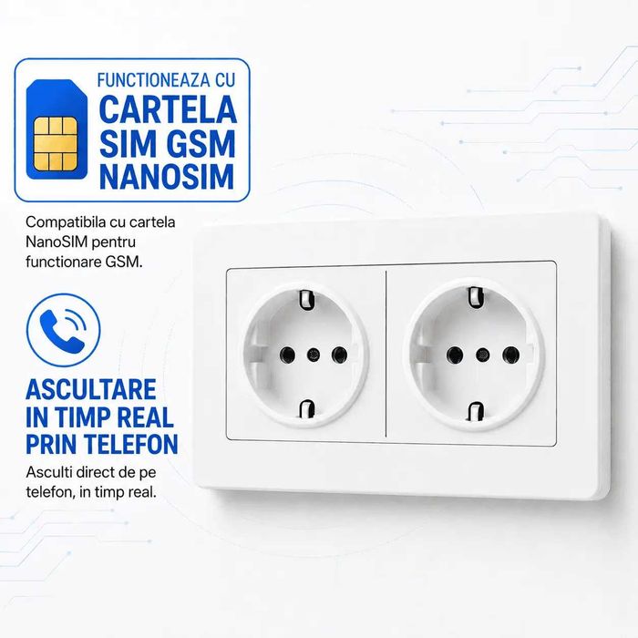 Microfon Spion GSM Profesional Integrat in Priza Dubla – Activare Vocala SMT SECURITY