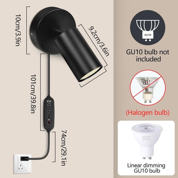 Set 2 Aplice Spot GU10 Negre cu Ștecher și Dimmer HOTUT