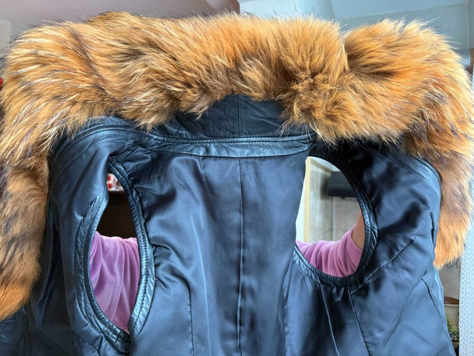 Елек от естествена кожа с ест косъм яка от кожа на миеща мечка raccoon