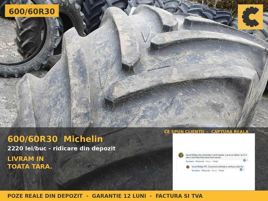 ANVELOPE 600/60R30 Michelin Cauciucuri Tractor Spate 4x4 Fendt John Deere Claas Deutz SH GARANTIE Factura TVA
