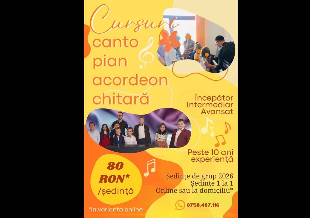 Lecții online pian sau (la locație), chitară, acordeon