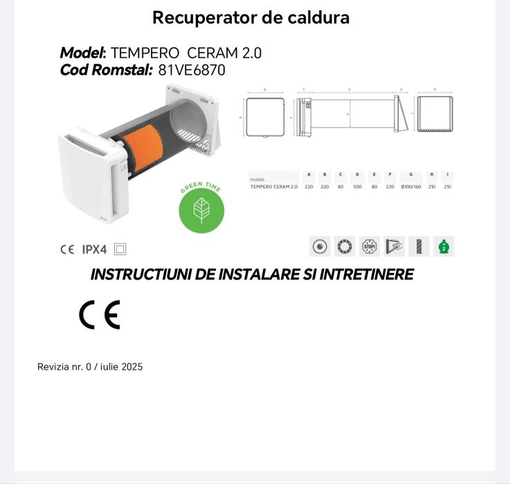 Vând Recuperator caldura, Oerre, Tempero ECO 160 2.0, ceramic, 60/60 mc/h