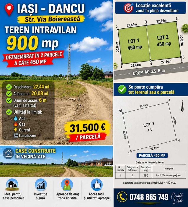 Construieste-ti CASA TEREN INTRAVILAN Dancu_ str. Via Boiereasca 900 mp /parcelat in doua /450 mp UTILITATI la limita