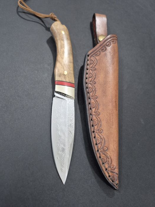 Компактен ловен нож CLRERN, дамаска стомана,фултанг с кожена кания ,LN