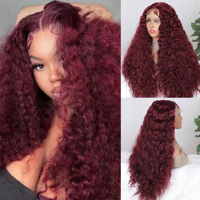 Тъмно червена Бургунди къдрава перука 70 см Lace Front 13x4x1