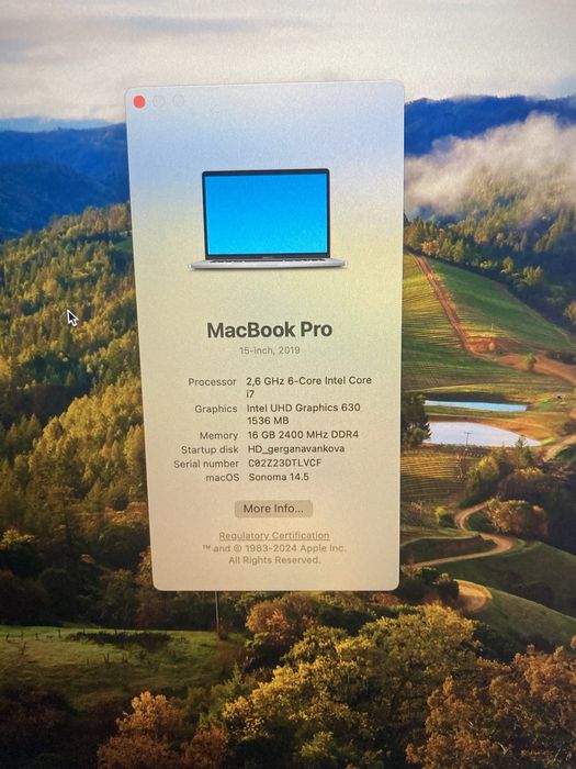 MacBook Pro 15" 2019 2.6GHz 6-Core i7/ 16GB RAM/ 256GB SSD