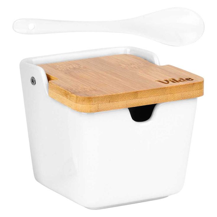 Керамична захарница с бамбуков капак и лъжичка 250 ml