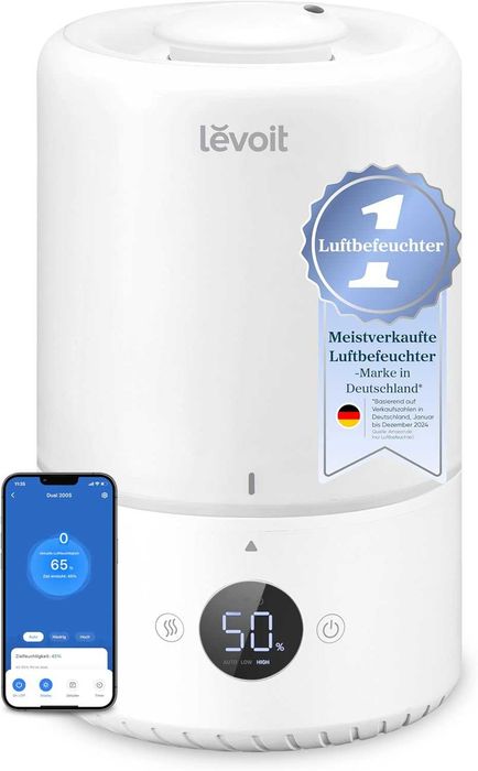 Levoit 3L Dual 200S интелигентни овлажнители за спалня, пълнене отгоре, тих, Персонализирайте влажността за дома, дифузер за етерични масла
