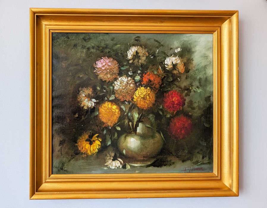 Pictura in ulei pe panza, natura statica cu flori, 63x73x5 cm