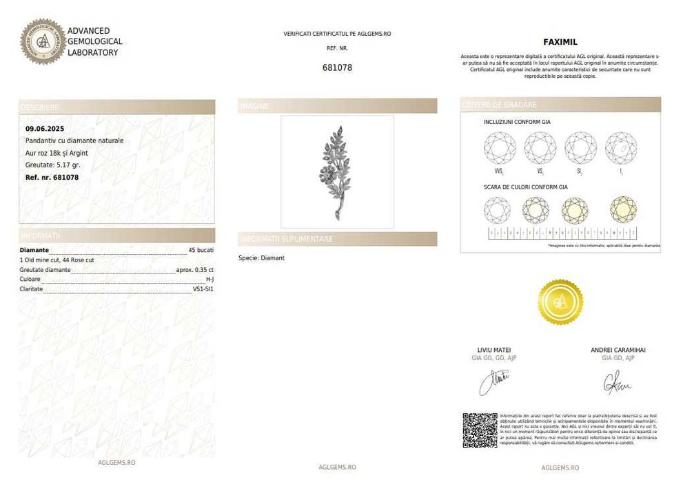 Pandantiv din aur roz și argint, decorată cu diamante, în. sec. XX