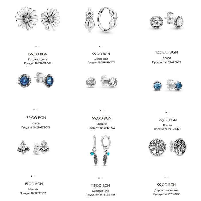 Бижута Пандора Гривни s925 ALE Обеци Пръстени Медальони
