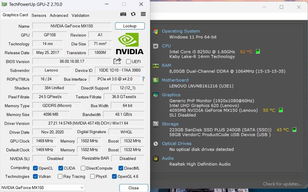 Laptop Gaming Lenovo i5 8250u 1,6Ghz/3,4Ghz, 8GB, 240GB SSD, Nvidia MX150 4GB GDDR5, Win11, Office 2024